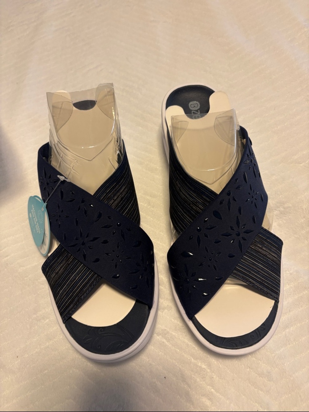 Bzees Navy Crisscross Laser-Cut Slide Sandals